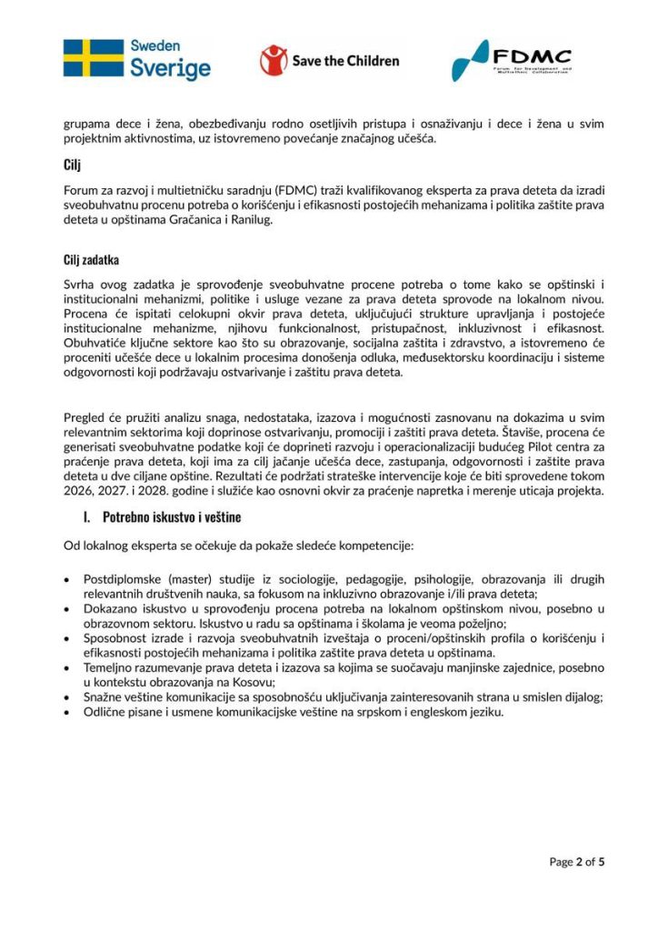 Javni poziv za lokalnog eksperta za procenu potreba i efikasnosti mehanizama zaštite prava deteta (zatvoren)