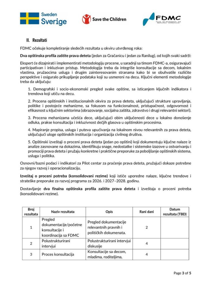Javni poziv za lokalnog eksperta za procenu potreba i efikasnosti mehanizama zaštite prava deteta (zatvoren)