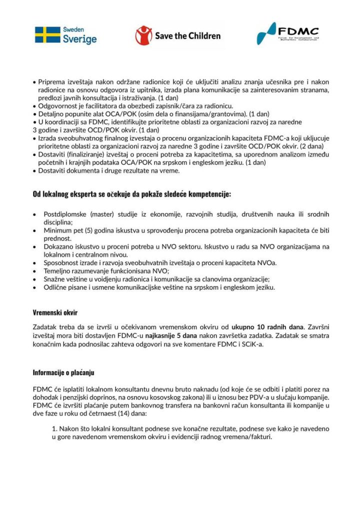 Javni poziv za lokalnog konsultanta za procenu organizacionih kapaciteta (zatvoren)