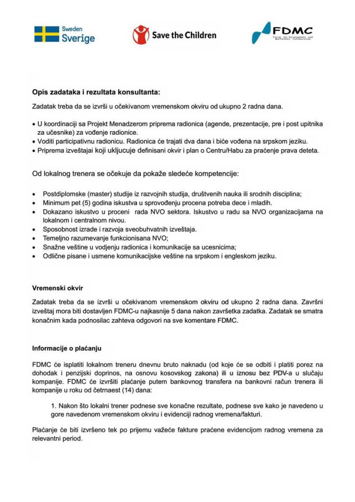Javni poziv za lokalnog trenera za radionicu o planu rada pilot centra/haba za praćenje prava deteta (zatvoren)